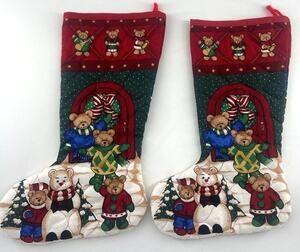 Cranston Vtg Christmas Friends Stockings Cut Sew Brown Bears Cotton Holiday USA